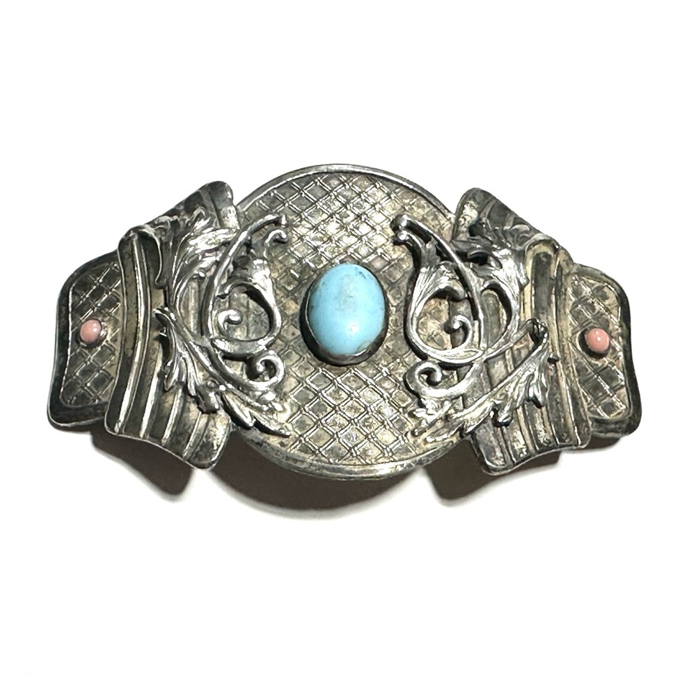 Vintage Brooch for Repair Repurpose Upcycle Silver Tone Blue & Pink Glass Beads